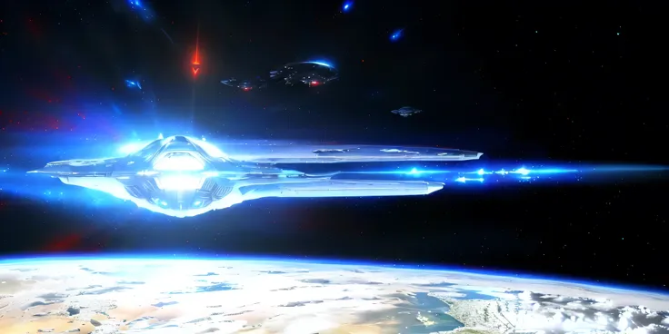 spaceship flying over the earth with a bright yellow light coming from it, mass effect, hd vfx - 9, an epic space ship scene, sp...