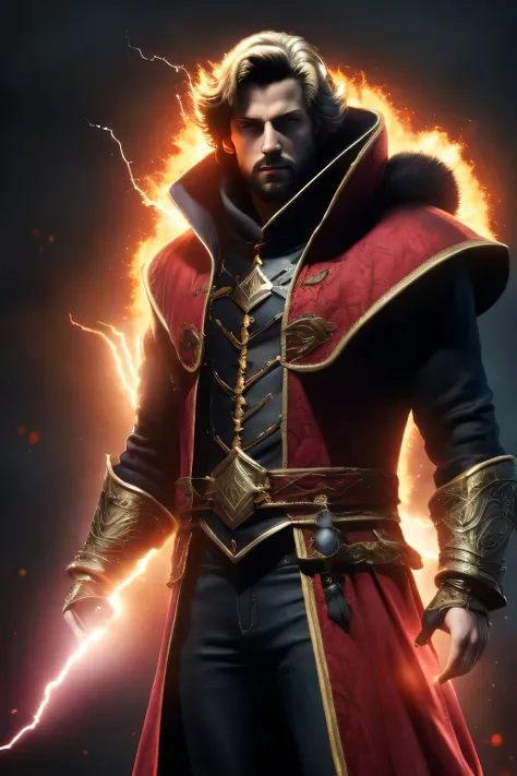 ((best quality)), ((masterpiece)), (detailed), 1man, Blood red cloak, small lightning comming out of right hand, a fireball in his left hand 