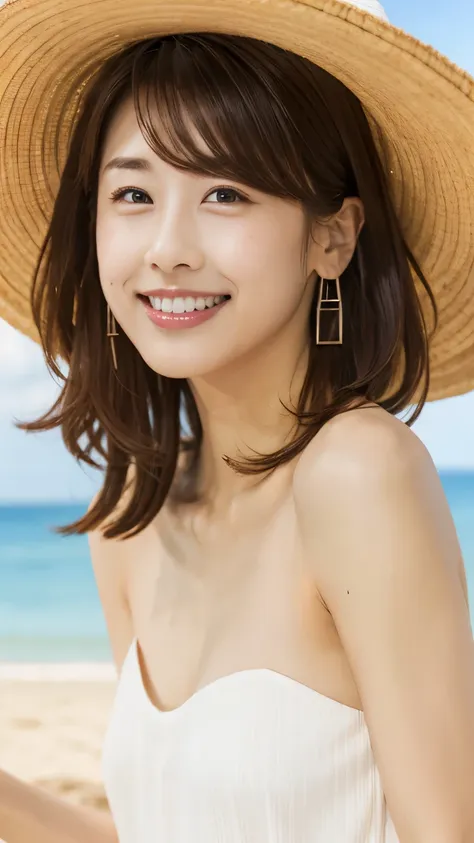 (sea、sandy beach)、straw hat、embarrassing、(completely naked)、pubic hair、short hair、they hesitate,、wet hair,  underarm,, (high col...