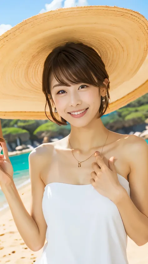 (sea、sandy beach)、straw hat、embarrassing、(completely naked)、pubic hair、short hair、they hesitate,、wet hair,  underarm,, (high col...