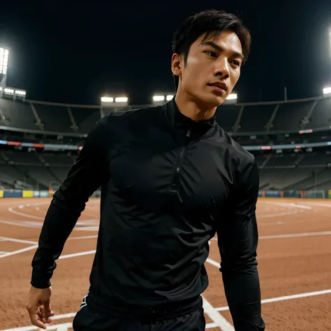 a close up on an asian male sprinter, wearing black clothes, on the track of a huge stadium
