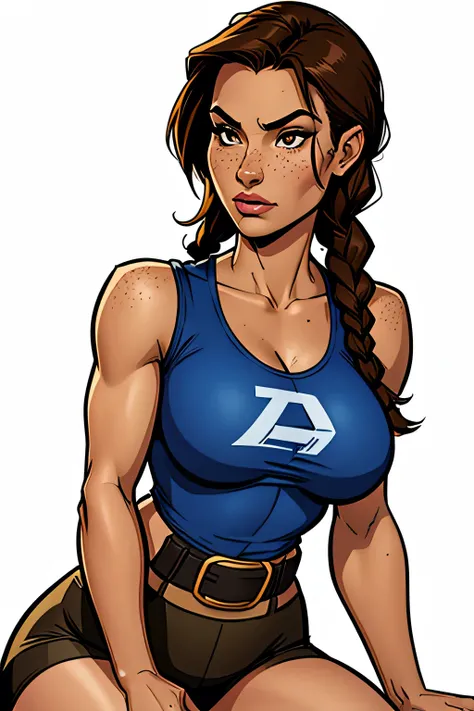 Athletic and thin woman ((Lara Croft)), 25 years, 8k (high definition), serious face, seductive look, brown eyes, nose fine, wearing a petroleum blue t-shirt ((decote canoa)), black belt, bermuda beige, arms positioned at the sides of the body, pele morena...