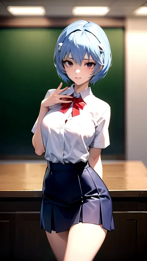 Rei Ayanami (evangelion) with her schoolgirl clothes, posing sexy.