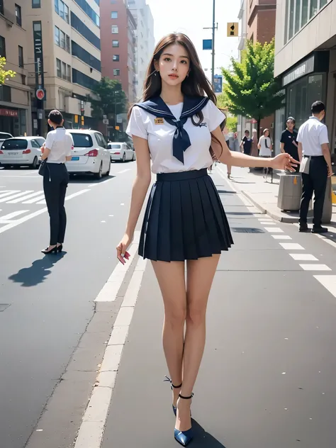 (masterpiece, Please redeem:1.2), One Girl, Alone, whole body, Big Breasts,, Brown Hair,Big Breasts, Brown eyes, Mature Woman, , , She is standing on the street,whole body, Brown Hair, , ((High quality fabric, Sailor suit, Navy Pleated Skirt)), ((Short len...