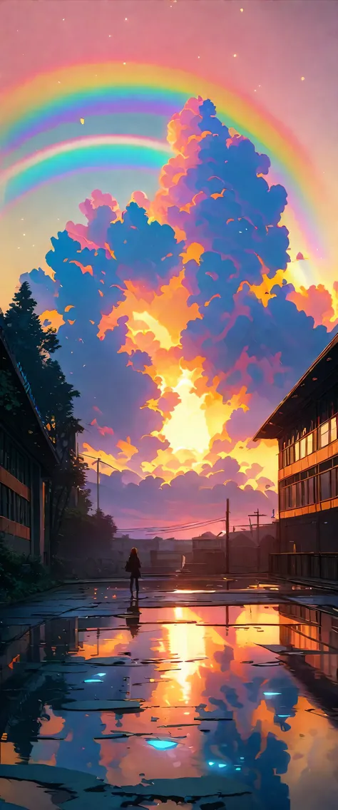 masterpiece, Please redeem, Ultra-high resolution,Rich contrast,super high quality,8k,High-definition CG unit wallpaper,Texture,Very absurd,Ultra-high resolution,RAW Photos,Please redeem anime,Depth of written boundary 1.2,Schoolyard,sunset,puddle,sunset,(...