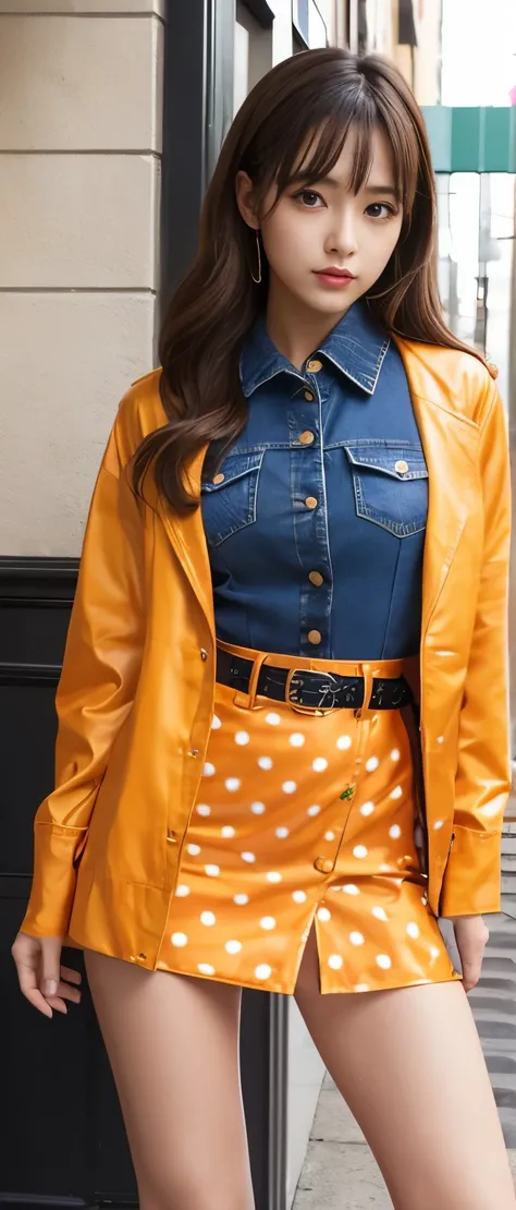 Gorgeous idol girl、whole body、　Good style、、、、、、、、、、Thick legs、Shiny orange polka dot jacket、Denim tight skirt、Spicy Belt、A pure girl&#39;s face、、、、、、、