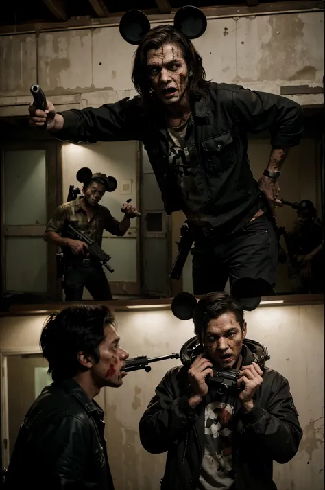 Mickey Mouse in a zombie apocalypse with a shotgun in his hand, surrounded by zombies while Goofy shoots a zombie and Donald Duck aims a gun at the zombies