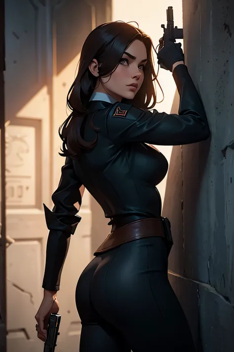 candid shot, an attractive and sexy soviet agent is spying behind a wall with a gun, looking to the side, slender, fit, athletic, cool, sneaky, hidden, deadly, dangerous, elegant, classy, she is trying to hear what they are saying, photorealistic, 8k, high...