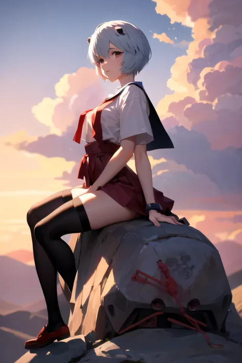 Rei Ayanami (evangelion) with Japanese schoolgirl clothes, black stockings, posing on mount fushi