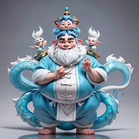 Chinese dragon, blind box character design, cute Chinese blue and white porcelain-style little fat baby dragon with horns on its head, simple background, full-body shot, standing posture, white fur, happy expression, holding its hands in front of its chest...