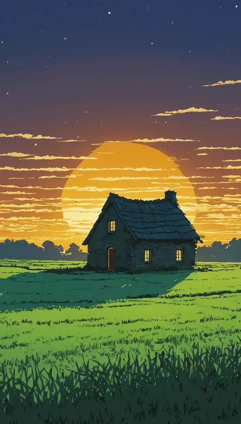 (Minimalism:1.4), Draw a simple Tintin style art, an old brick hut!!!,,     cracked in a grassy field serene night studio Ghibli, miyazaki,  , Makoto Shinkai!!, anime movie background best quality best of SeaArt HD
