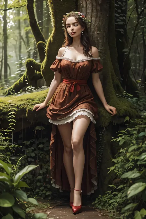 freckled woman, head decorated with a vinca of beautiful flowers, dressed in a dress of moss and vegetation, large bust thin waist, wide hips, skirt of roses in beautiful red shoes made of oak bark.