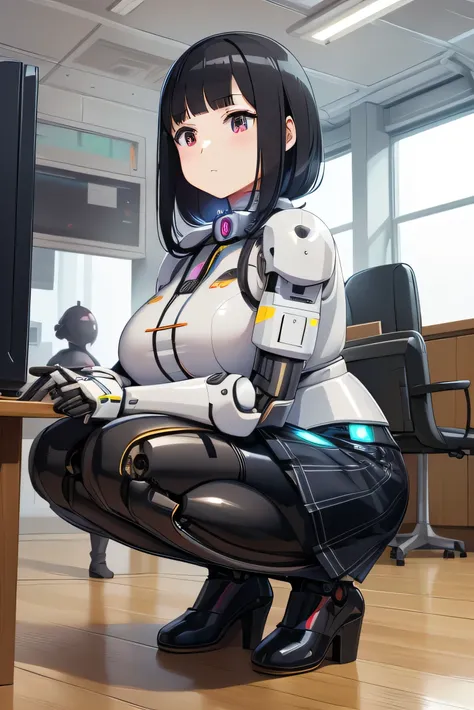 masterpiece, best quality, extremely detailed,Japaese Android girl,chubby,Plump , control panels,android,Droid,Mechanical Hand, Robot arms and legs, Black Robot Parts,Black hair,Mechanical body,Blunt bangs,White robotics parts,perfect robot girl,future inf...