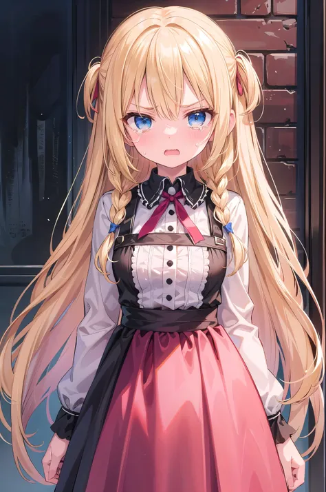 One girl, Long Hair, bangs, Blonde, ribbon, Two braids hanging down on either side, Contempt/Angry Gaze, Tears, Double teeth, whole body