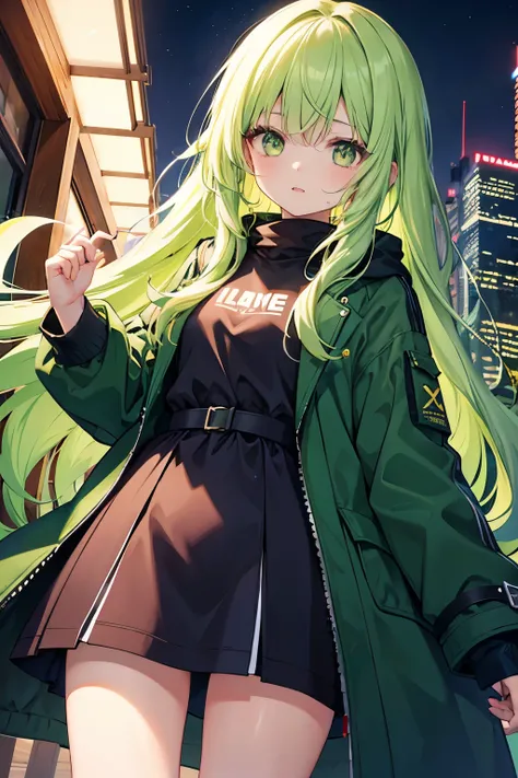 girl,longhair,mini,green hair,green eyes,night view,green long casual coat, 