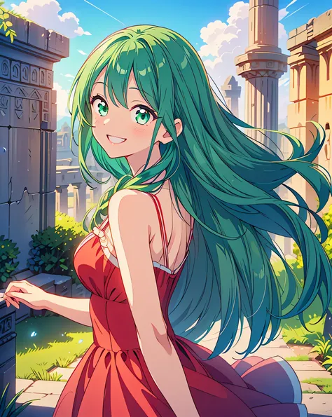 Best Quality, 32K, (((High resolution))), masterpiece:1.5, One beautiful girl, Anime-style illustrations, Rich emotional expression, An exceptionally beautiful face, Perfect Human Anatomy, Big starry eyes, ((A happy smile:1.5)), ((Shiny emerald green hair:...