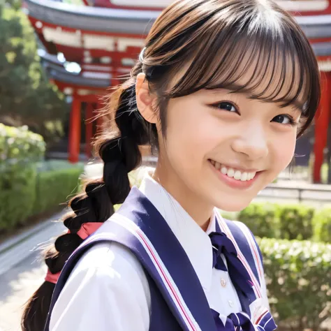 japan idol girl from nogizaka46 in school uniform, two side braids, smiling brightly