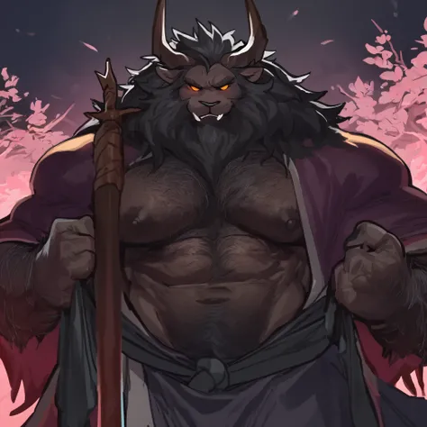 swole, muscular, big biceps, perfect anatomy, bara lion, very dark brown fur, black mane, orange eyes, cat eyes, glowing eyes, e...