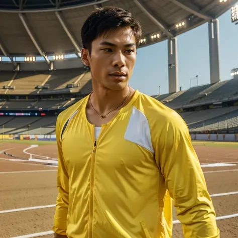 a close up on an asian male sprinter, wearing yellow clothes, on the track of a huge stadium, no logo on clothes