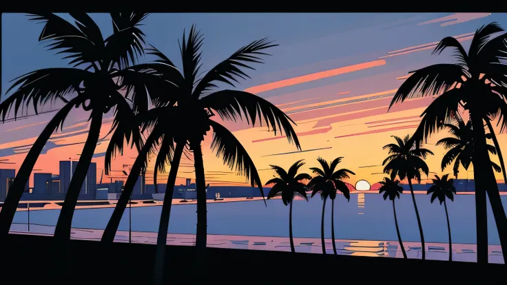 Night Lights、Miami, sunset, Palm trees, 90s, (Flat Color, Flat texture, Line art:1.2), Graphical design, (Dark Ink, Ink Black),