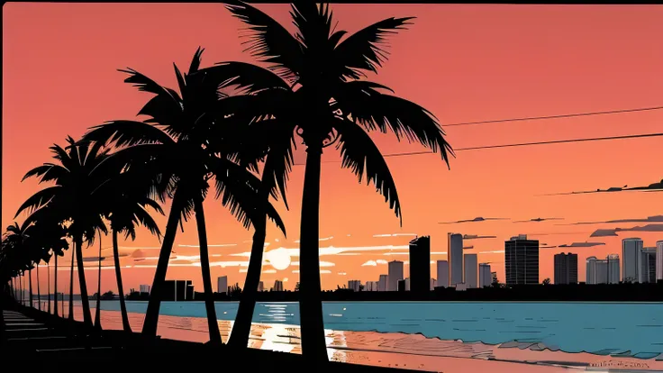 Miami, sunset,Beautiful cityscape, Palm trees, 90s, (Flat Color, Flat texture, Line art:1.2), Graphical design, (Dark Ink, Ink Black),