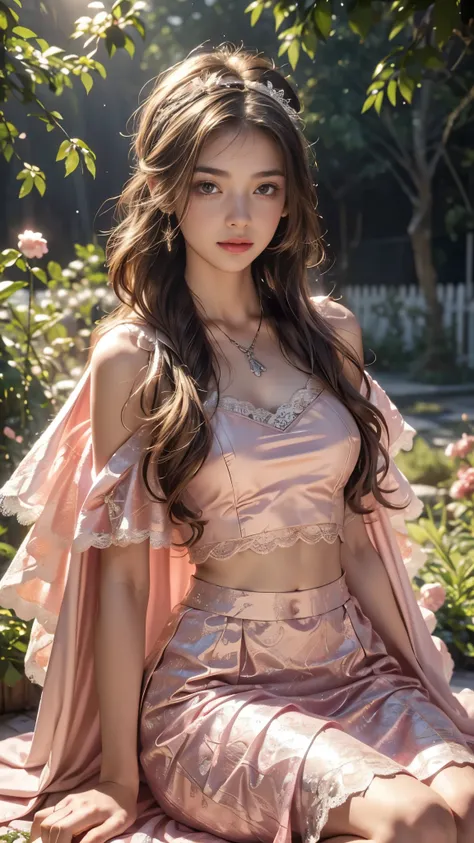 Top quality, masterpiece, ultra high definition, Original photo, 1 Girl, ((soft sardine)), cinematic lighting, very long hair, detailed eyes, small breasts, wind, necklace, piercing, ((soft dress)), ((strap clothing)), ((pink dress)), ((soft lace)), ((soft...