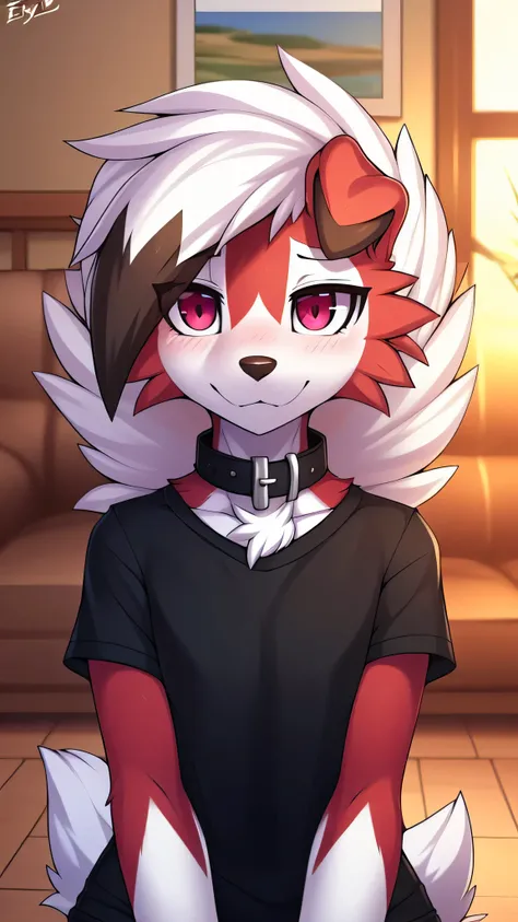 By zinfyu,by twistedscarlet60, uploaded on pixiv, by fluff-kevlar, (masterpiece), (best quality), (solo female:1.2), (extremely detailed:1.3),(detailed eye,black circle on eye,pink eye), lycanroc midnight, Front view, view on viewer, close view, shy face, ...