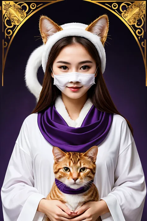 ((Best Quality)), ((masterpiece)), (detailed), Realistic,god々Cute cat,White cat wearing a mask,Fortune teller style,Purple scarf on head,Golden background,Angel

