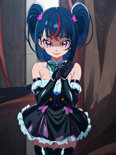 Best Quality, Very detailed,One Girl, alone, {cure_null_hirogarunullprecure:1.15}, Dark Blue Hair, red eye, Red eyes, Long Hair, Twin tails, Magical Girl, bangs, Open your mouth, Redhead, multicoloRedhead, One Girl, blunt bangs, Darken your clothes, Hair A...