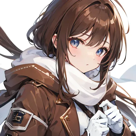 High image quality，woman，Brown Hair，Brown coat，White scarf，White gloves，White background