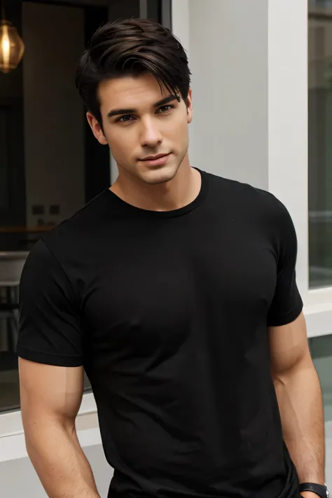 hot white man short black hair no beard 1,84 tall wearing black shirt 