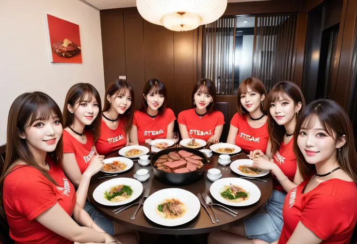 Score_9, Score_8, Score_8upScore_7, Best Quality、masterpiece、Photo of the dinner party、Group Photos、Group photo、group(Red T-shirt)), Large Breasts, ((Layered Haircut)), Slender body, Slim face，Shooting from a distance,  Adorable， smile， Long brown hair，Bla...