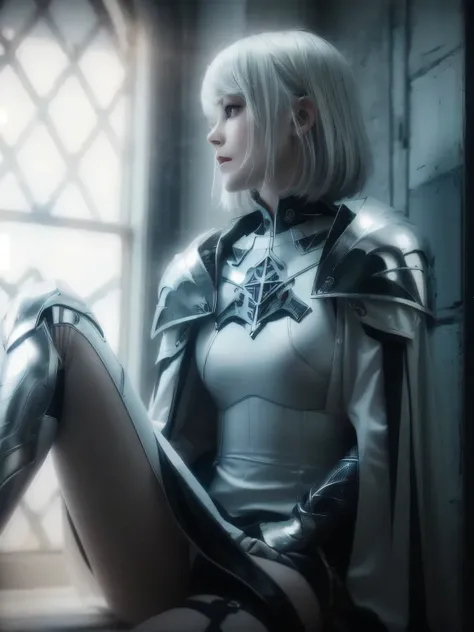 girl with short hair sitting in a window with white bodysuite, black gorget with little silver algiz rune symbol, white short cape, gray  silver shoulder pads , claymore, claymore anime background