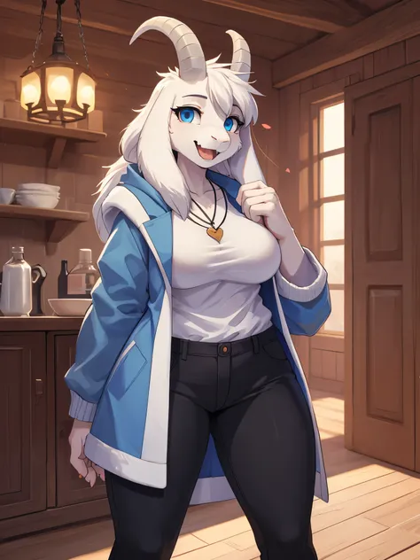 woman, young adult, smiling, beautiful smile, open mouth, showing fangs, alone, in a house, hairy, goat, anthropomorphic goat, Asriel, Undertale ((Asriel Dreemurr)), big breasts, big, big ass, wide hips, perfect female body, tall, ((long hair, long white h...