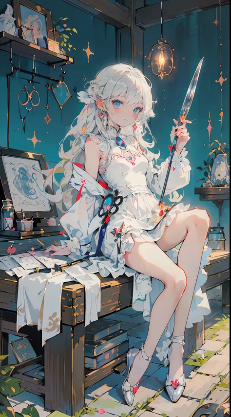 ((desktop, best quality: 1.1), ((Anime girl in white dress holding magic wand)), Exquisite illustrations、long hair、the righteous magician，wing，art style, ]bright smile