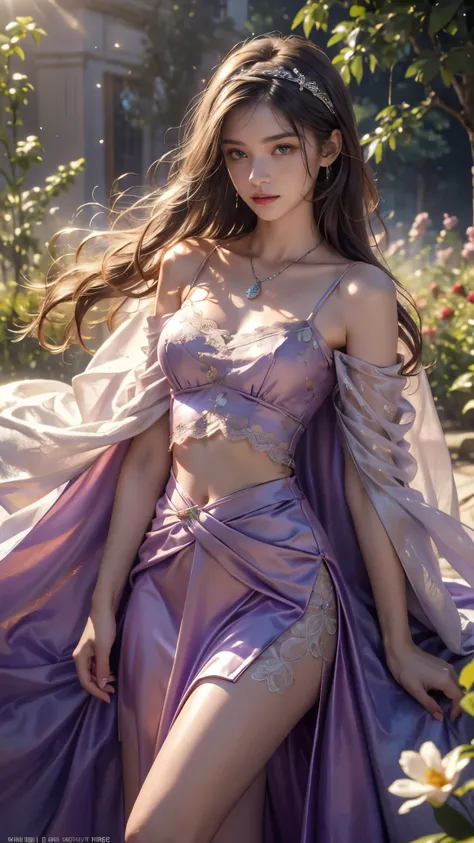 Top quality, masterpiece, ultra high definition, Original photo, 1 Girl, ((soft sardine)), cinematic lighting, very long hair, detailed eyes, small breasts, wind, necklace, piercing, ((soft dress)), ((strap clothing)), ((purple dress)), ((soft lace)), ((so...