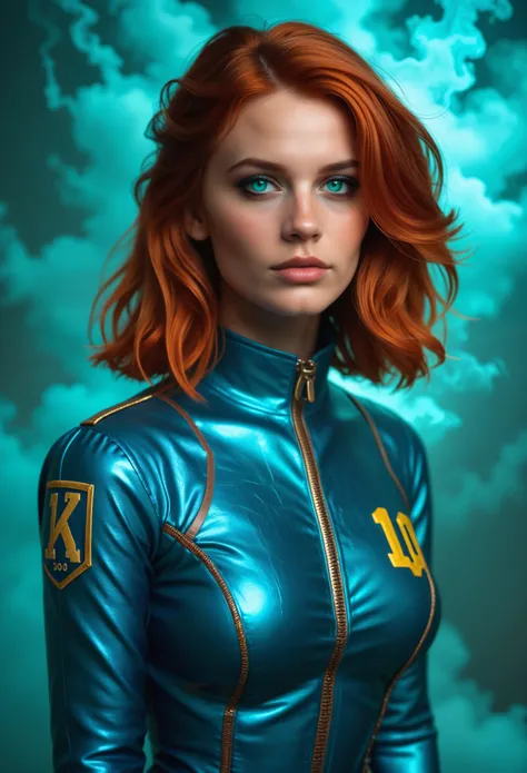 realistic, sexy Resplendent woman, supermodel, highly detailed face, Smoky Eye, long shining Chestnut hair, huge Round Turquoise eyes, copper skin, vaultsuit, pipboy3000, Vault Jumpsuit (Fallout) , beautiful small tits,