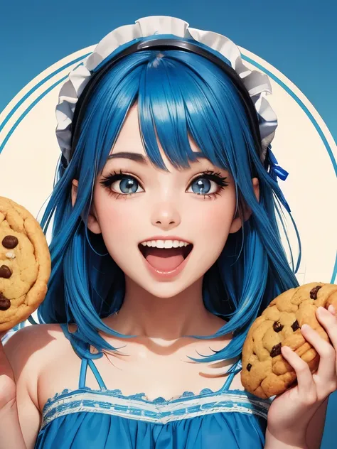 blue hair,  a girl laughing, open mouth, lot of cookies background, full of cookies,