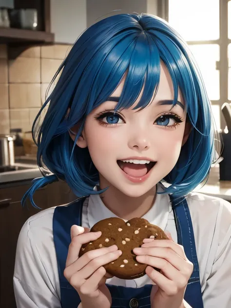 blue hair,  a girl laughing, open mouth, background full of cookies,