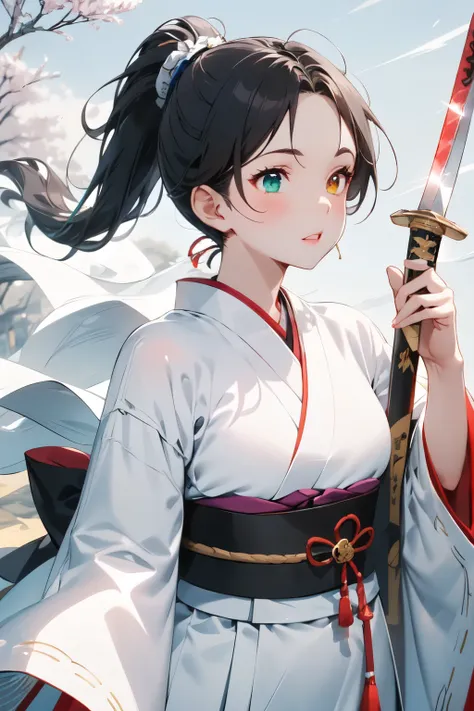 one girl, white-based japanese clothing, ponytail,((black hair,discoloration from the roots to white,)), heterochromia iridis,((...