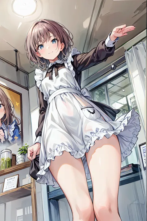 Brown Hair，Shortcuts，Messy Hair，Slender beauty，Dignified posture，Small breasts，Beautiful legs，Her charming grey-blue eyes shine like stars.，masterpiece, Please redeem, Very detailed, High resolution, Very detailedCG, smile,、Stylish cafe、Rear View、((From be...