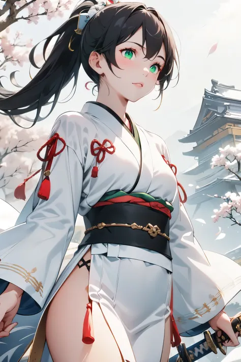 one girl, white-based japanese clothing, ponytail,((black hair,discoloration from the roots to white,)), heterochromia iridis,((...