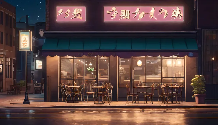 Generate an image of a deserted street at night with a lofi aesthetic coffee shop, highlighting the illuminated sign and the lamp posts in the background.