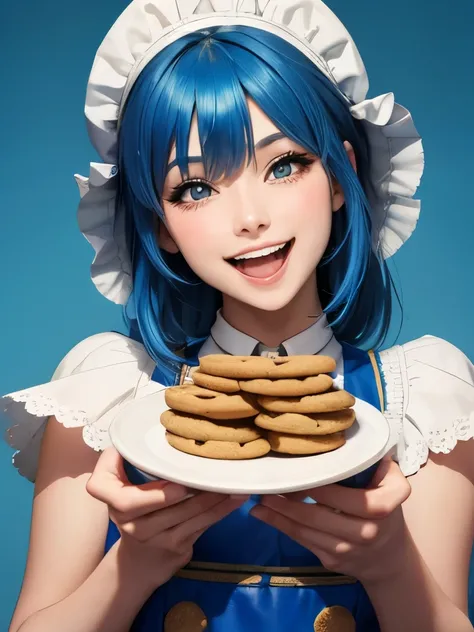 blue hair,  a girl laughing, open mouth, lot of cookies background, full of cookies, (((A kind smile)))