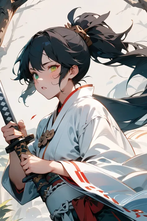 One Girl, Miko costume, ponytail,((Black Hair,Discoloration from the roots to white,)), Heterochromia iridis,((He,green,)), Dual wielder,((Black Sword Great Sword,Flamberge,Japanese sword,)), soul, 