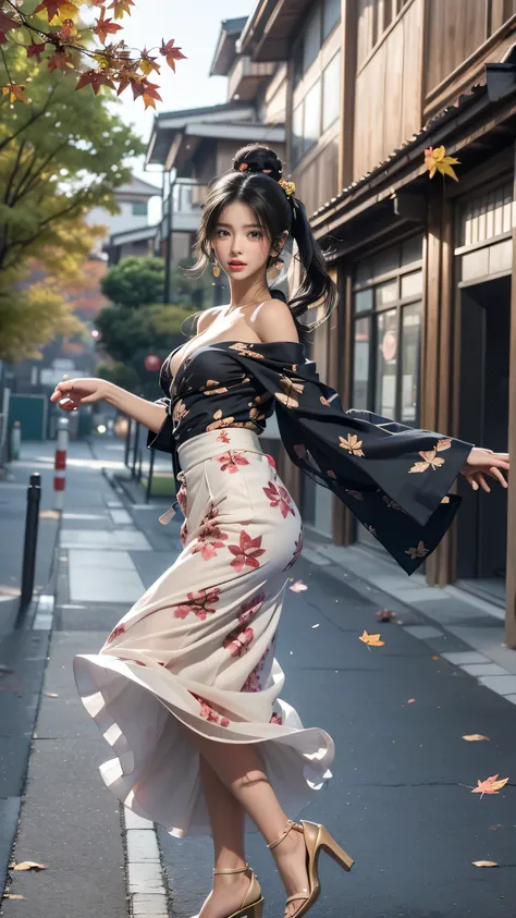 ((Autumn leaves lined street))((dusk)),((A woman walking surrounded by red maples)),(Rear view)、(look back)、(Lip Nail)、(Nail)、Gemstones Refract bright light、(Healthy Skin、Thin Skin、Attractive look、double eyelid、Jelly Lip、Glowing Lips 、Small Mouth、Small upt...