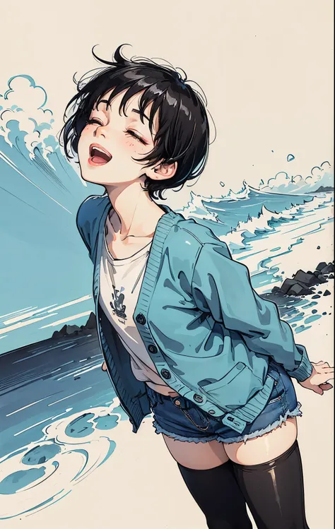 Illustration of a cute boy. ((He is wearing very short denim shorts. He is wearing a cardigan over his shirt and denim shorts and black short tights)). He is smiling with his head tilted to the side. The background is a night view of a hill with a view of ...