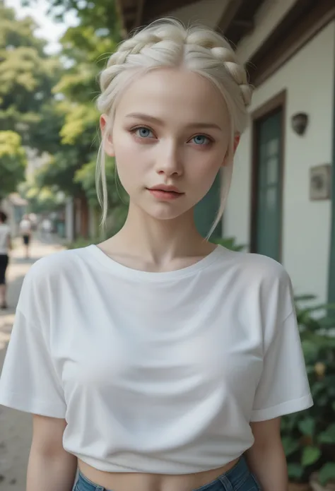 Perfect Anatomy、Russian、Small face girl、One Girl、White shirt、Hot pants、Casual attire、２０talent、Combines adult charm with childishness、青white肌、albino、white、French Braid、