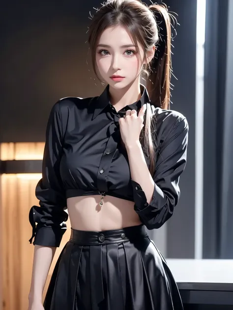 name 2, 1 female, ponytail, black shirt, tie, high waist skirt, button, long skirt, very beautiful face, realistic, detailed fac...