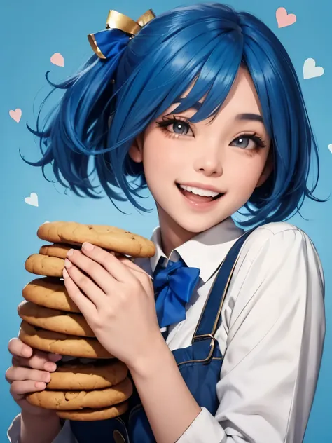 blue hair,  a girl laughing, open mouth, lot of cookies background, full of cookies, (((A kind smile))), tangbohu no eye,